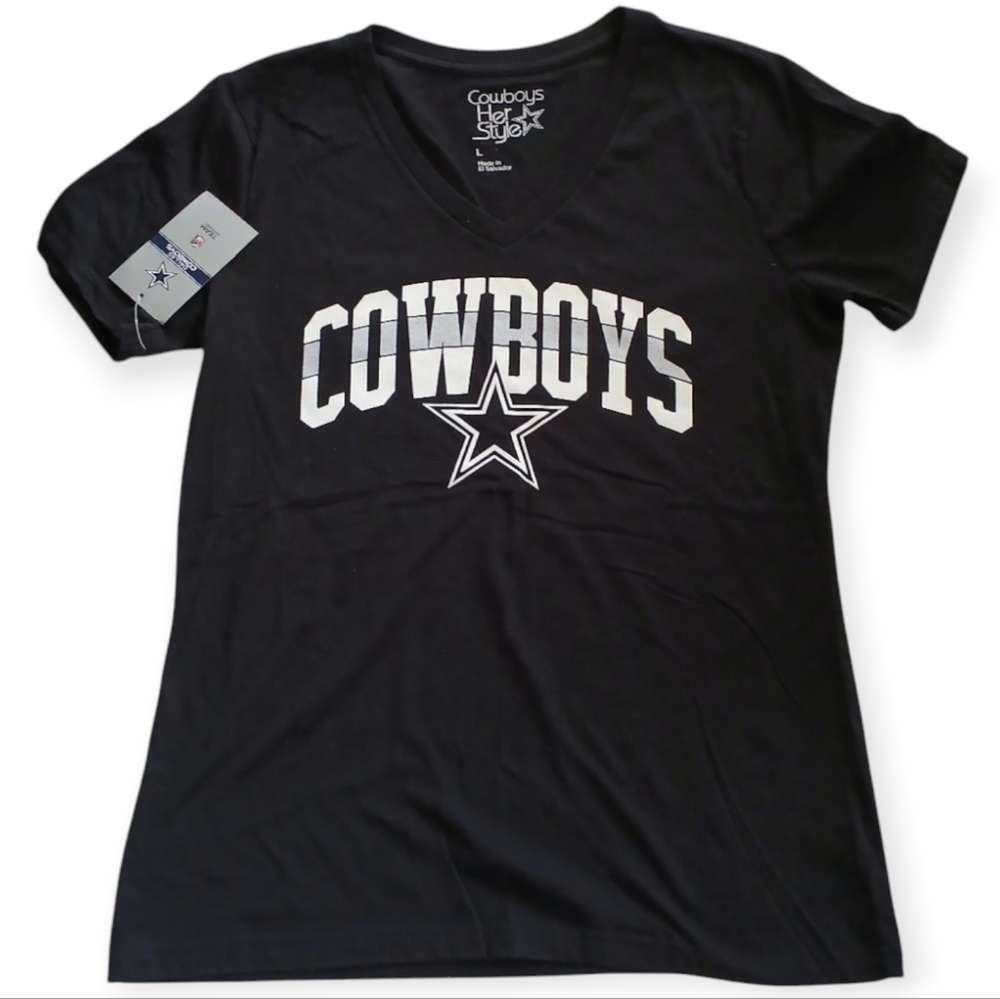 NWT NFL COWBOYS HER STYLE TEAM APPAREL WOMEN'S BLACK SHORT SLEEVE V-NECK. SIZE L